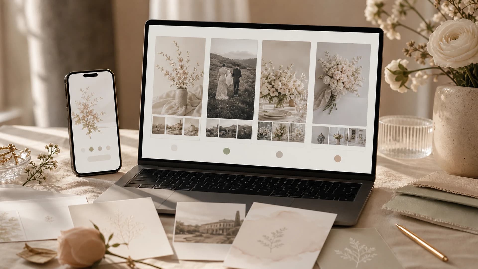 Laptop and phone showing multiple wedding website demo directions.