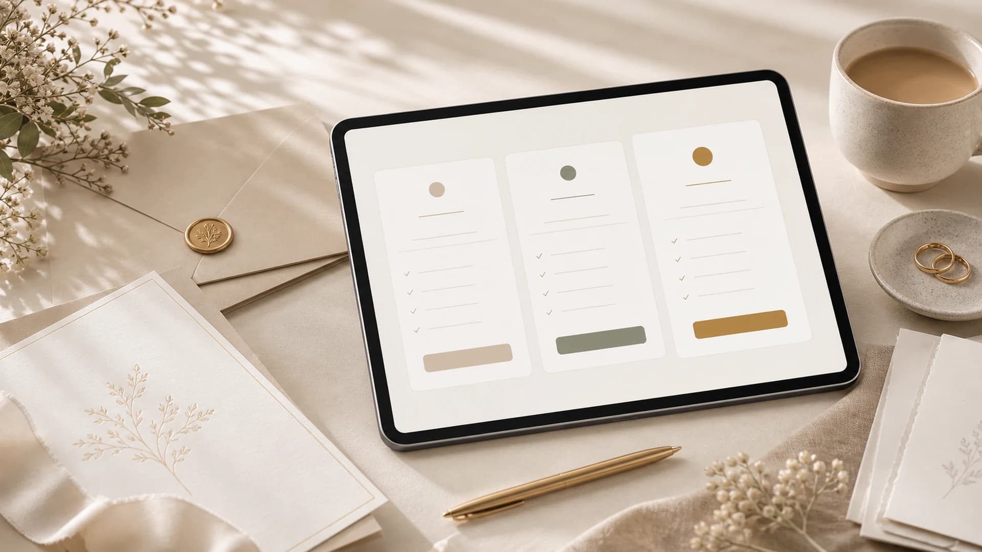Editorial pricing comparison scene on a tablet with wedding stationery details.