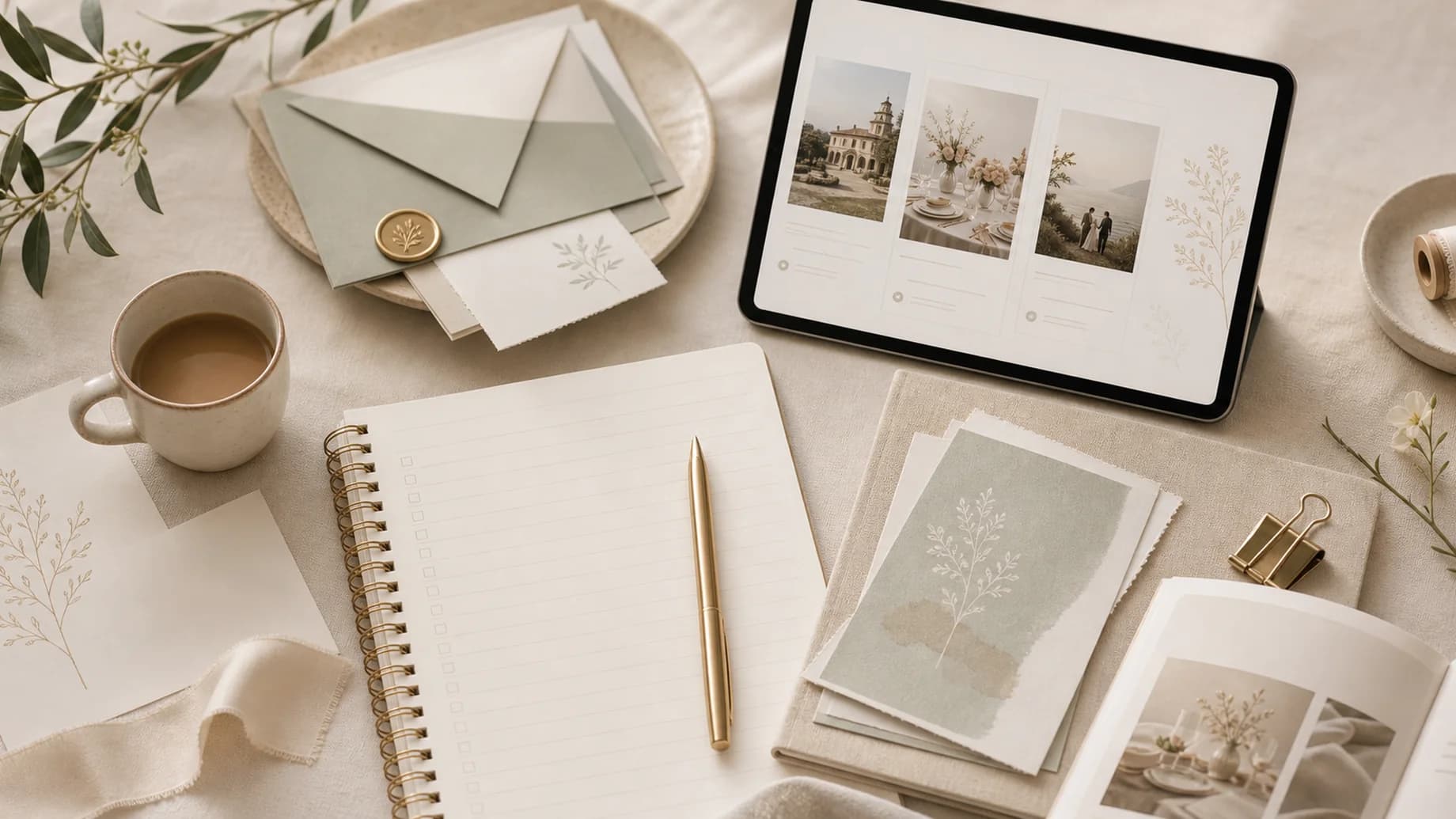 Calm wedding planning desk with guides, checklist materials, and a tablet preview.