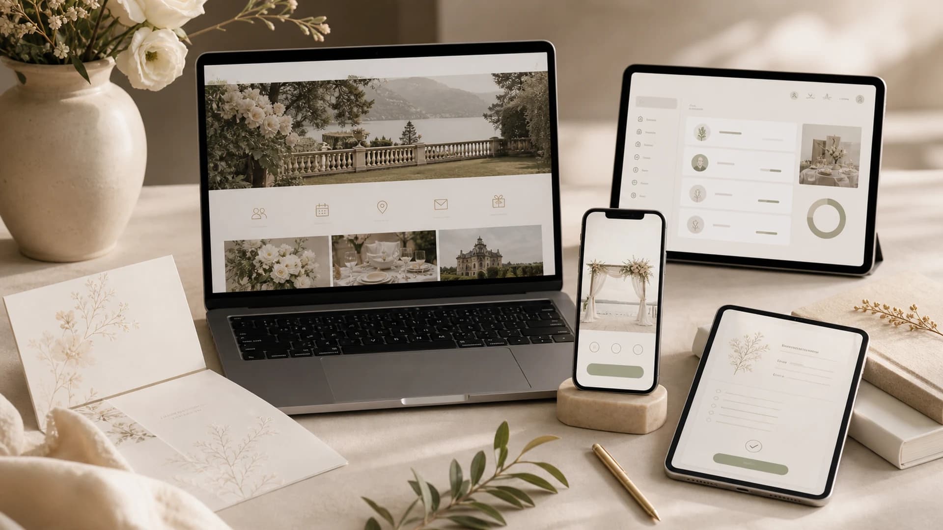 Connected wedding website system across laptop, phone, and tablet.