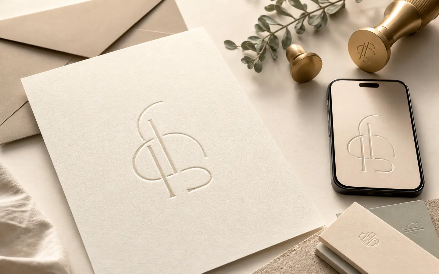 Custom couple mark and monogram stationery detail.