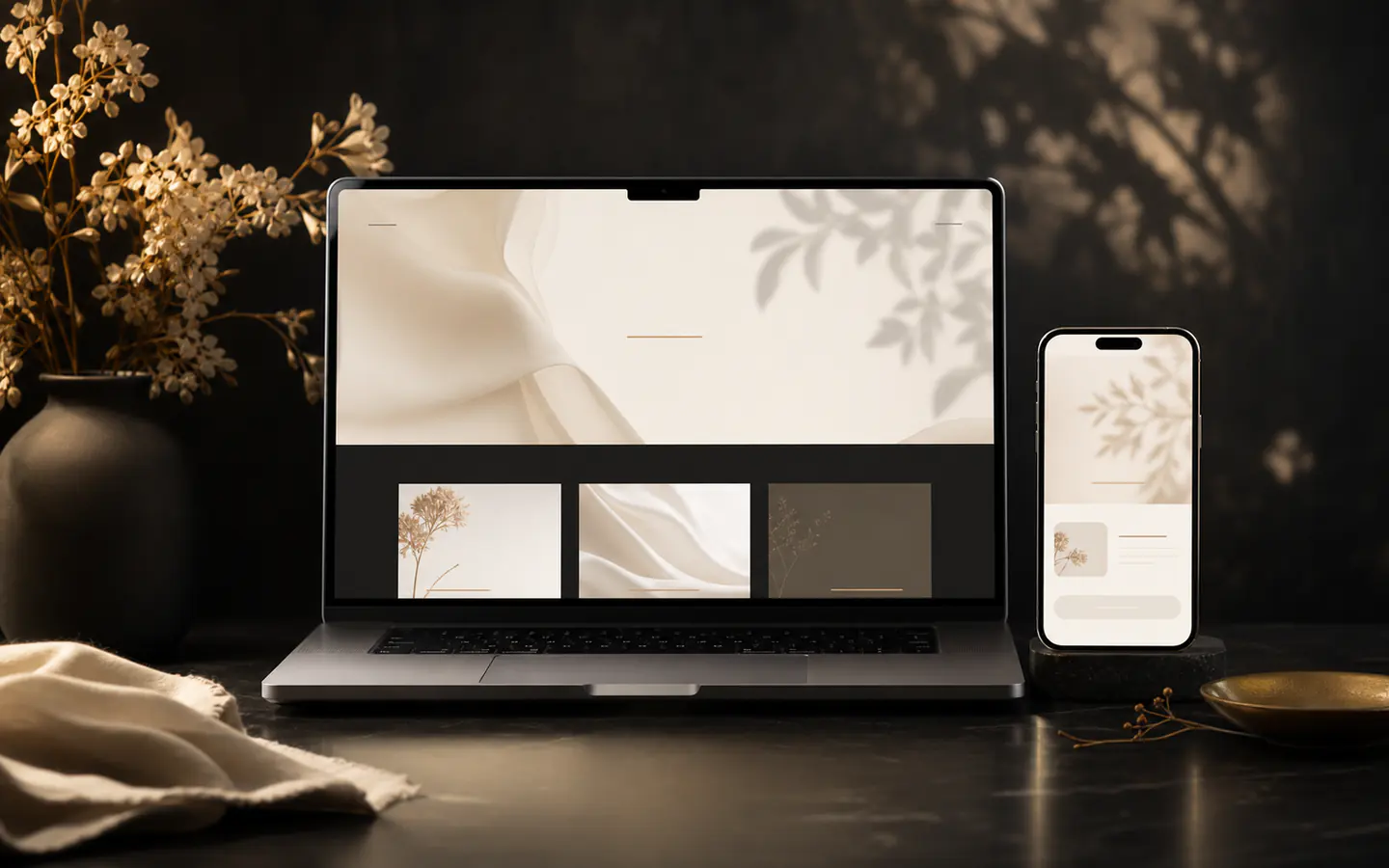 Editorial wedding website preview on a laptop screen.