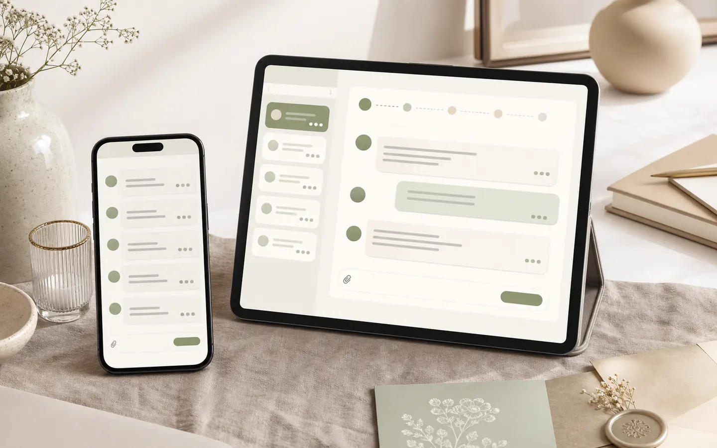 Wedding message queue workflow across tablet and phone.