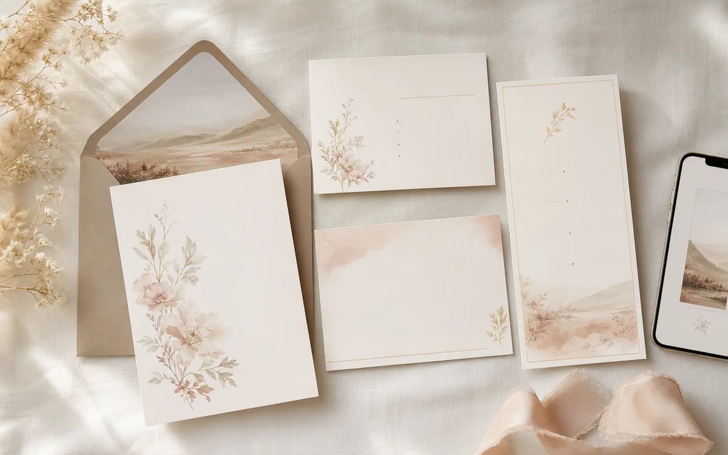 Matching paper suite and wedding website visual direction.